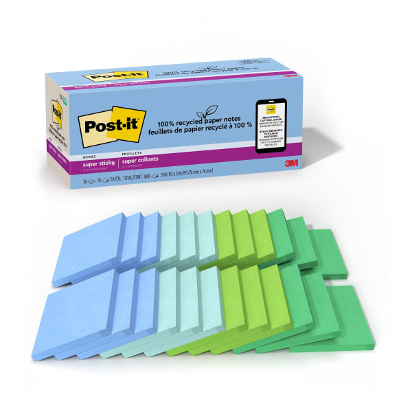Post-it Recycled Super Sticky Notes, 24 Pads, 3 in x 3 in, 100% Recycled, 2x the Sticking Power, School Supplies and Office Products, Sticky Notes for Vertical Surfaces, Monitors, Walls and Windows, Oasis Collection