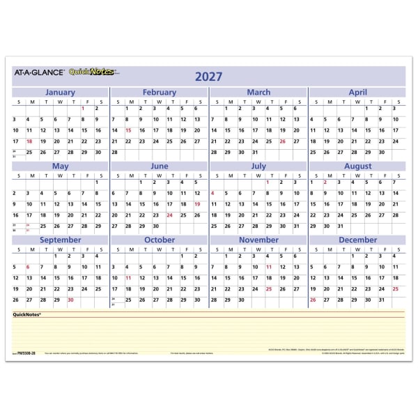 AT-A-GLANCE QuickNotes 2027 Reversible Erasable Monthly Yearly Wall Calendar, Small, 16in x 12in