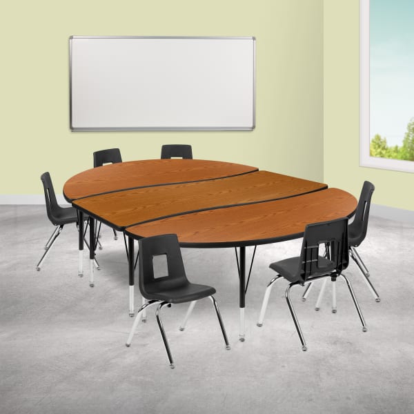 Flash Furniture 86in Oval Wave Flexible Laminate Activity Table Set With 14in Student Stack Chairs, Oak