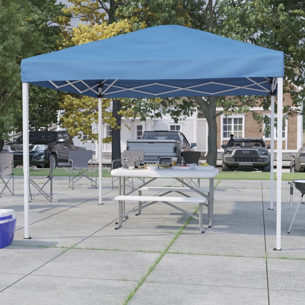 Flash Furniture 10ftx10ft Pop Up Event Canopy Tent with Carry Bag and Folding Bench Set - Portable Tailgate, Camping, Event Set, Blue