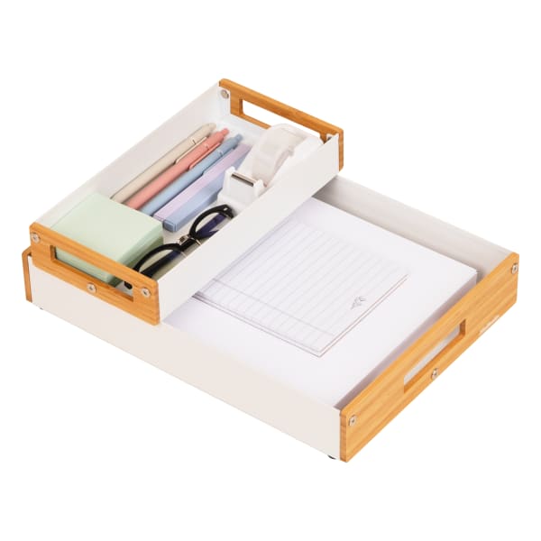 Mind Reader Metal And Wood Tiered Desktop Organizer Trays, 2-7/8inH x 13-3/4inW x 9-3/4inD, White, Total Qty 2