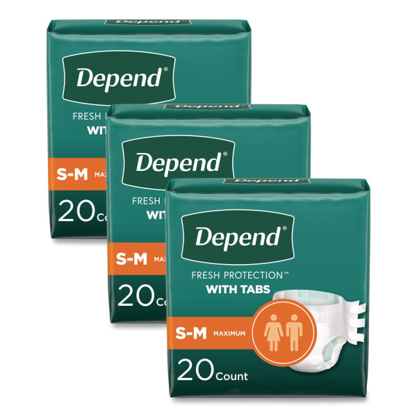 Depend Incontinence Protection with Tabs, Small/Medium, 19in to 34in Waist, 20/Pack, 3 Packs/Carton