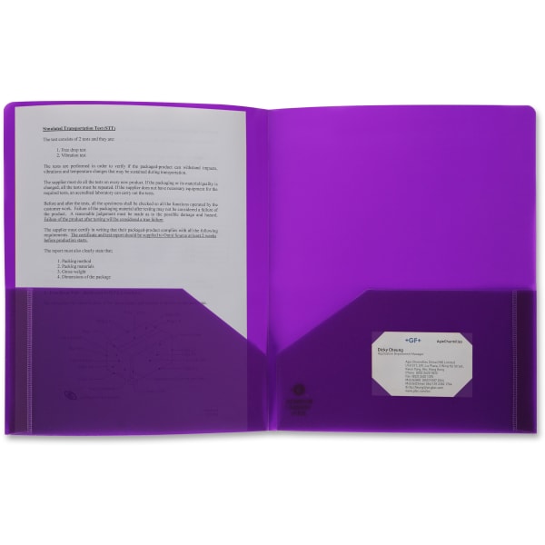 Business Source Letter Portfolio - 8 1/2in x 11in - 30 Sheet Capacity - 2 Pocket(s) - Purple - 1 Each