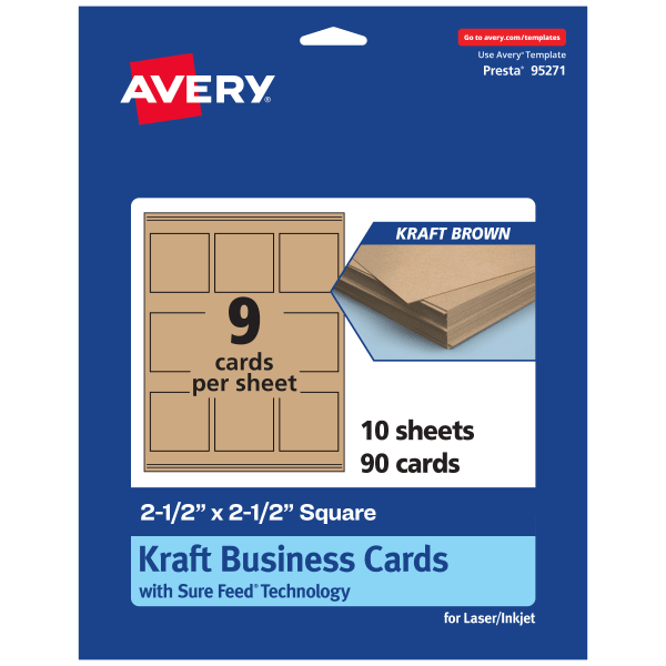 Avery Printable Business Cards With Sure Feed Technology, 95271-KMC10, Square, 2.5in x 2.5in, Kraft Brown, Pack Of 90