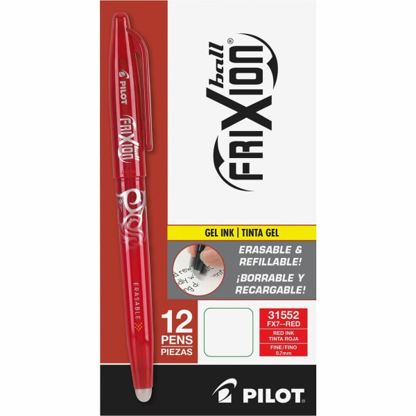 Pilot FriXion Ball Erasable Gel Pens, Pack of 12, Fine Point, 0.7 mm, Red Barrel, Red Ink