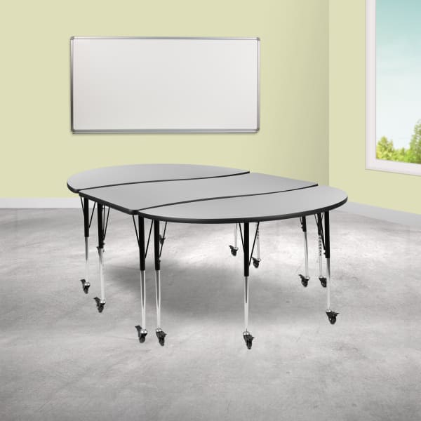 Flash Furniture Mobile Oval Wave Flexible Thermal Laminate 3-Piece Activity Table Set With Standard Height-Adjustable Legs, 30inH x 60inW x 86inD, Gray