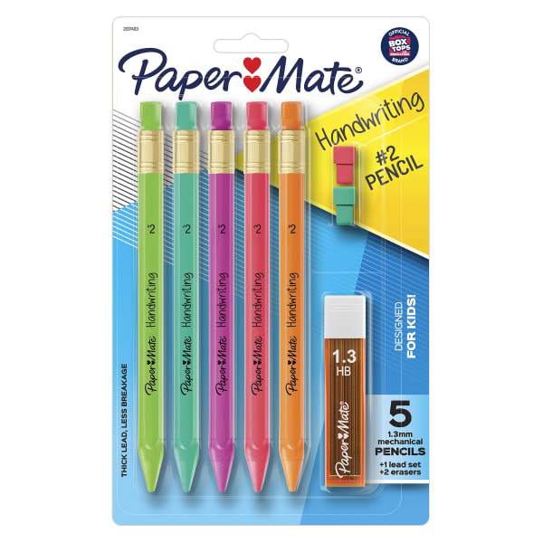 Paper Mate Handwriting Mechanical Pencil Set, #2 Lead, 1.3 mm, Assorted Colors, Pack Of 5 Pencils