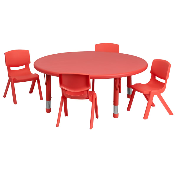 Flash Furniture Round Plastic Height-Adjustable Activity Table And 4 Chair Set, 23-3/4in x 45in, Red