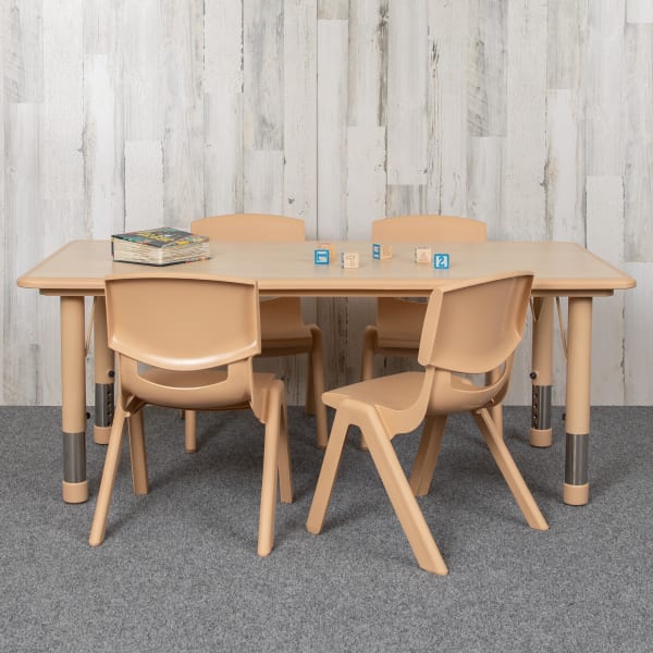 Flash Furniture Rectangular Plastic Height-Adjustable Activity Table Set With 4 Chairs, 23-1/2inH x 23-5/8inW x 47-1/4inD, Natural