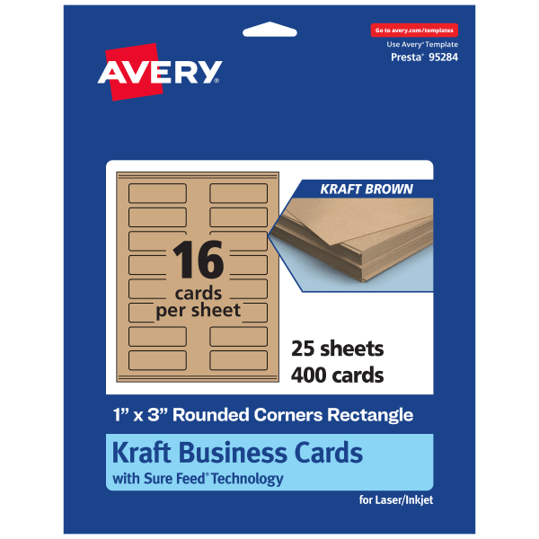 Avery Printable Rounded Corner Mini Business Cards With Sure Feed Technology, Print-To-The-Edge, 1inx3in, Kraft Brown, Pack Of 400