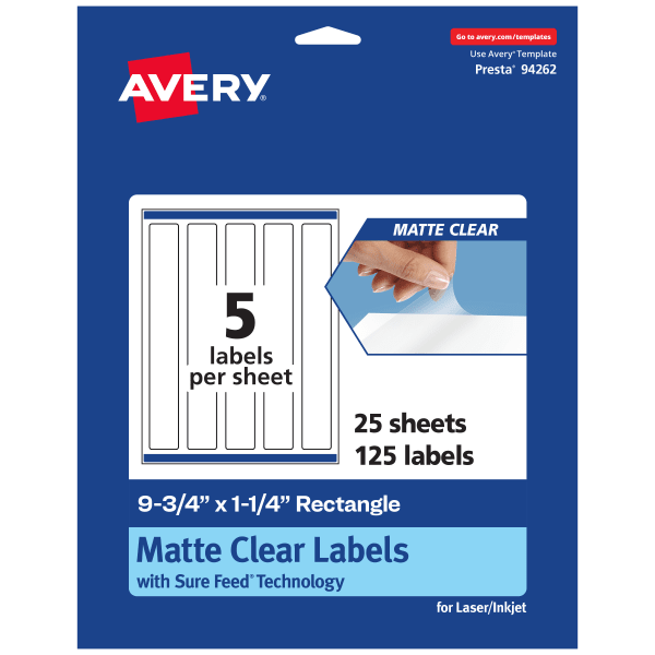 Avery Permanent Labels With Sure Feed, 94262-CMF25, Rectangle, 9-3/4in x 1-1/4in, Matte Clear, Pack Of 125