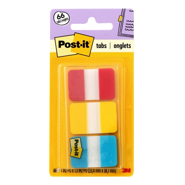 Post-it Notes Durable Filing Tabs, 1in x 1-1/2in, Blue/Red/Yellow, 22 Flags Per Pad, Pack Of 3 Pads