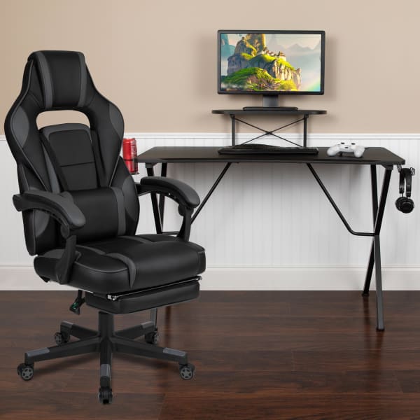 Flash Furniture Gaming Desk And Chair Set With Cup Holder, Headphone Hook, Monitor Stand, Footrest & Reclining Back/Arms, Black