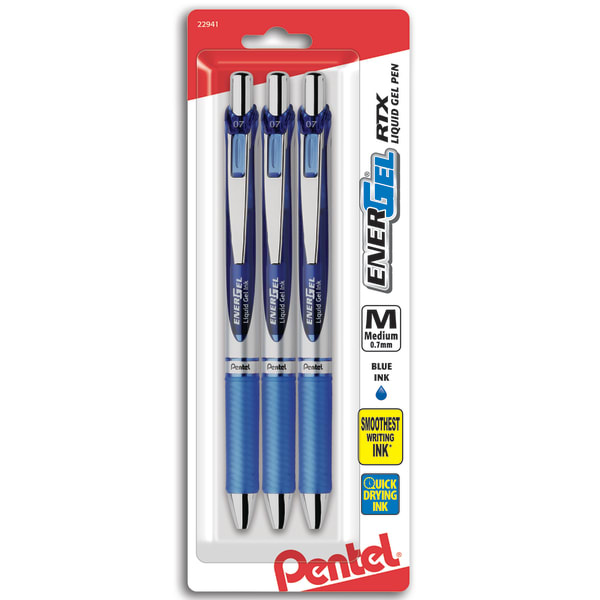 Pentel Energel Deluxe RTX Gel Pens, Medium Point, 0.7 mm, Assorted Barrels, Blue Ink, Pack Of 3