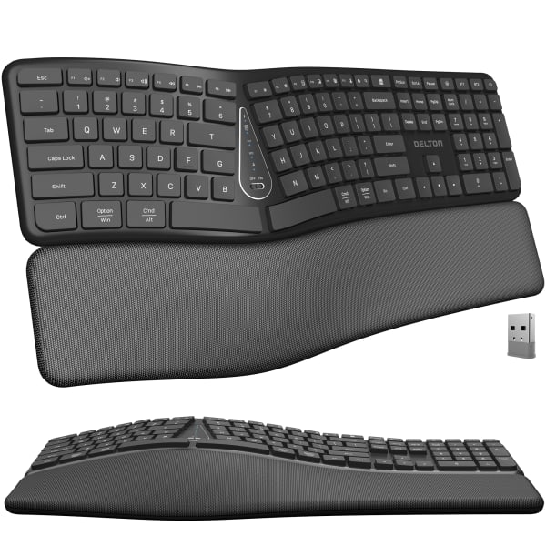 Delton KB250 Ergonomic Wireless Keyboard with Cushioned Wrist Rest, Black, Total Qty 1