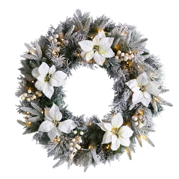 Nearly Natural 24inH Flocked Poinsettia And Pine Artificial Christmas Wreath With 50 LED Lights, 24in x 5in, Green