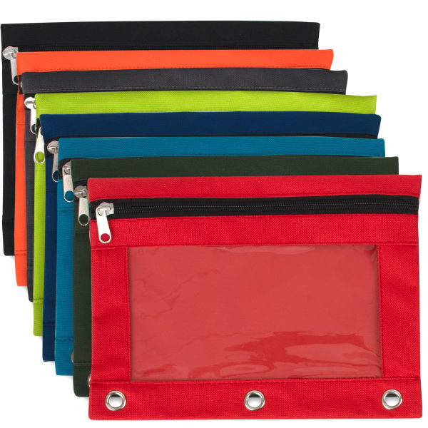 Trailmaker 3-Ring Pencil Cases, 7-1/4inH x 10inW x 1/2inD, Assorted Colors, Pack Of 100 Cases