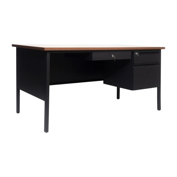 Flash Furniture Cambridge Commercial Grade Single Pedestal 60inW x 30inD Desk with Locking Drawers and Metal Frame, Walnut