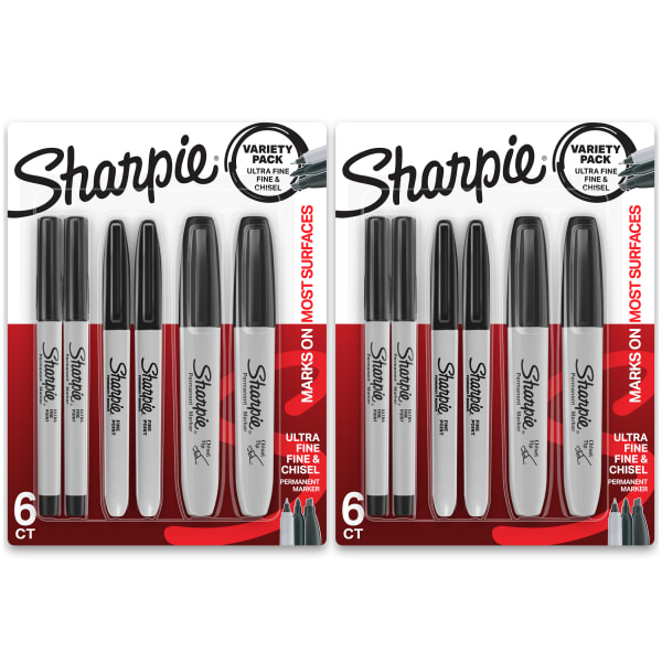 Sharpie Permanent Markers Variety Pack, Fine/Ultra-Fine/Chisel Point, Black, Pack Of 6 Markers, Set Of 2 Packs