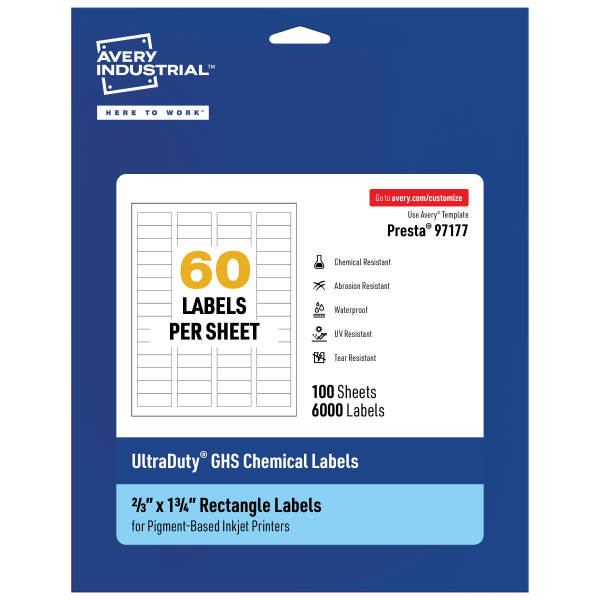 Avery Ultra Duty Permanent GHS Chemical Labels, 97177-WMUI100, Rectangle, 2/3in x 1-3/4in, White, Pack Of 6,000