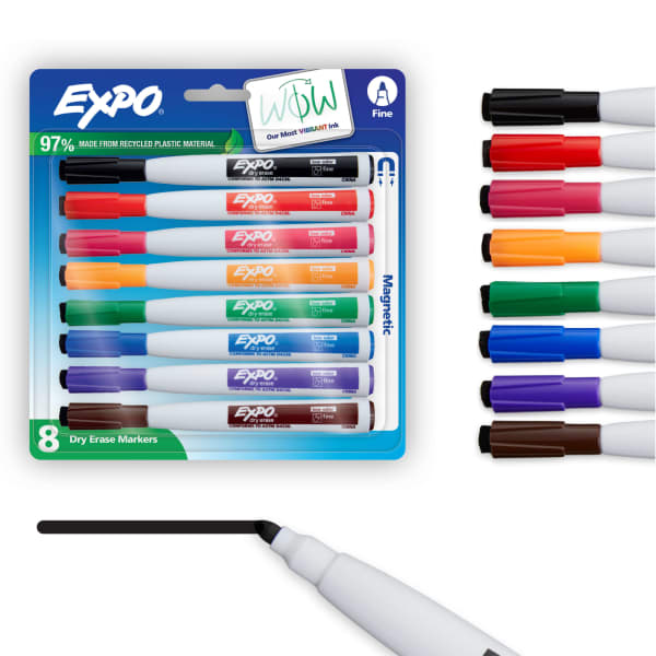 EXPO Magnetic Dry Erase Markers With Eraser, Fine Tip, Assorted Ink Colors, Pack Of 8