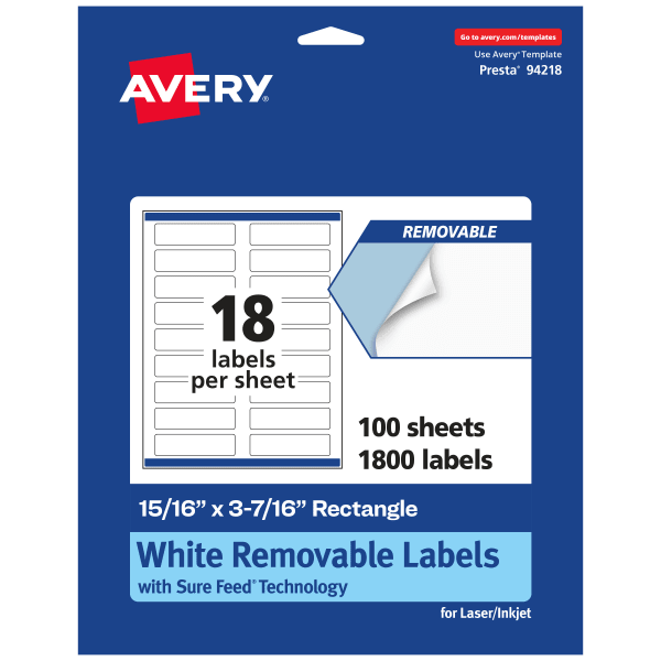 Avery Removable Labels With Sure Feed, 94218-RMP100, Rectangle, 15/16in x 3-7/16in, White, Pack Of 1,800 Labels