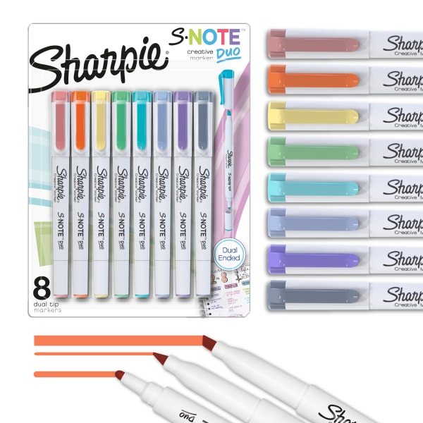Sharpie S-Note Duo Dual-Tipped Creative Markers, Bullet/Chisel Point, Assorted Colors, Pack Of 8 Markers
