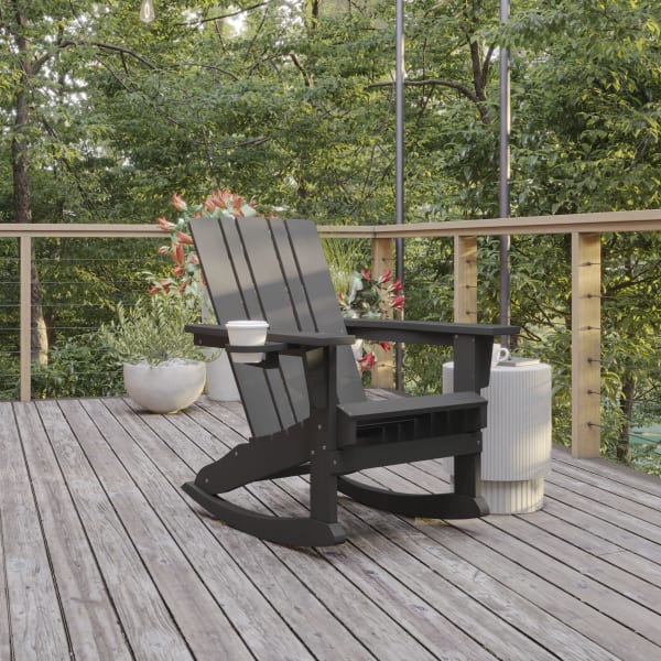 Flash Furniture Halifax All-Weather Adirondack Chair with Cup Holder and Pull-Out Ottoman, Gray