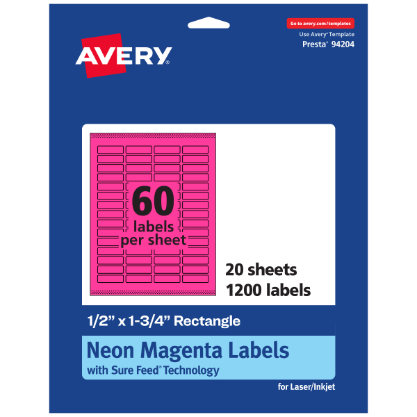 Avery Print-To-The-Edge Labels With Sure Feed Technology And Easy Peel, 94204-NMP20, Rectangle, 1/2in x 1-3/4in, Matte Neon Magenta, Pack of 1200