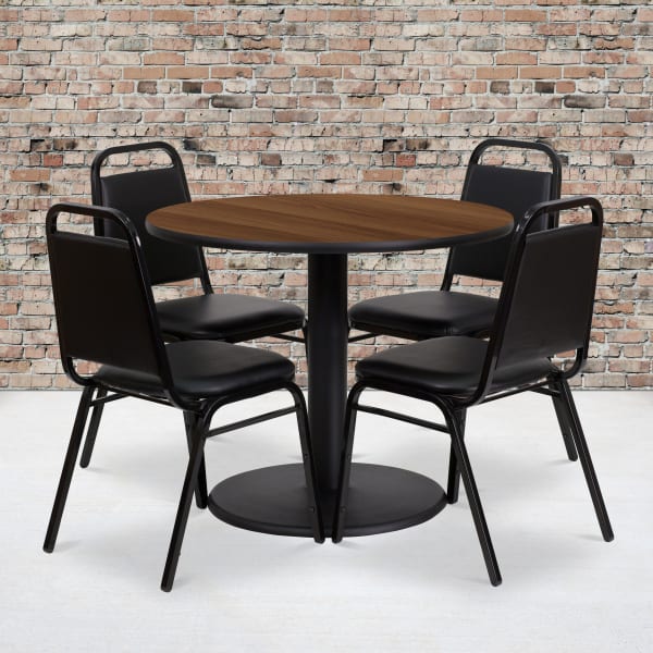 Flash Furniture Round Laminate Table Set With Round Base And 4 Trapezoidal-Back Banquet Chairs, 30inH x 36inW x 36inD, Walnut/Black