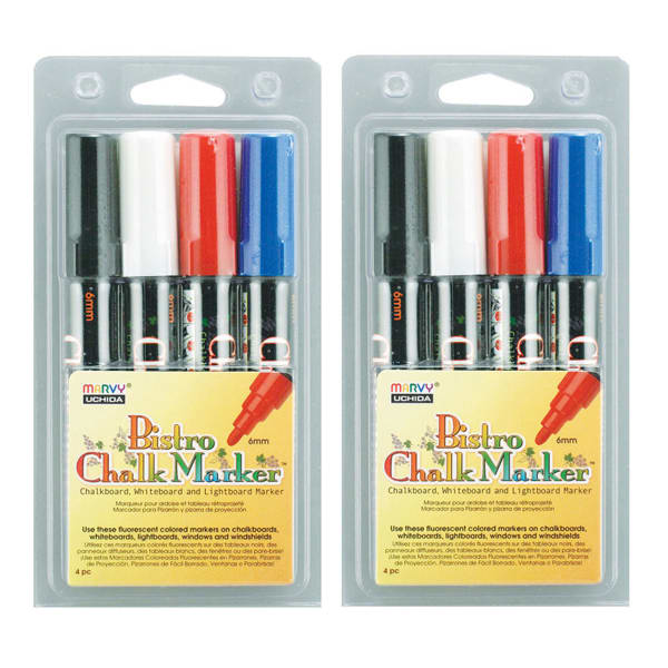 Marvy Uchida Bistro Chalk Markers, Broad Point, 6mm, Black Barrels, Basic Inks, Set Of 8 Markers