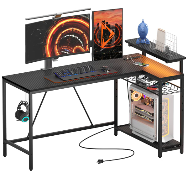 Bestier L-Shaped Gaming Computer Desk With Power Outlet, LED Lights & Headset Hooks, 59inW, Carbon Fiber Black