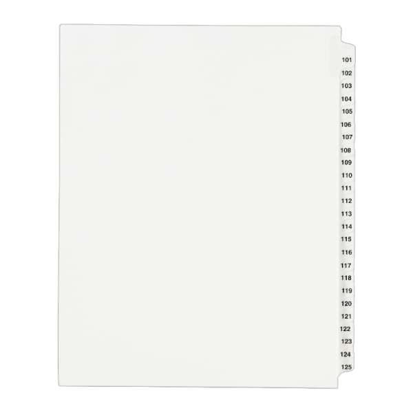 Avery Standard Unpunched Preprinted Reinforced Tab Dividers, 8.5in x11in, 20% Post-Consumer Material, White, Tabs Printed 101-125, Pack of 25