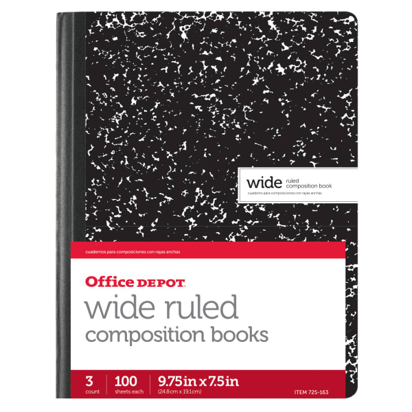 Office Depot Brand Composition Book, 7-1/2in x 9-3/4in, Wide Ruled, 100 Sheets, Black/White, Pack of 3