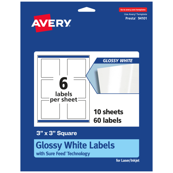 Avery Glossy Permanent Labels With Sure Feed, 94101-WGP10, Square, 3in x 3in, White, Pack Of 60