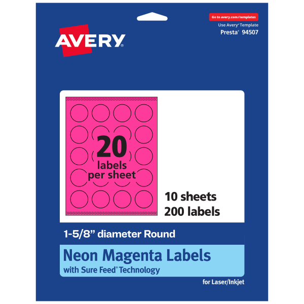 Avery Print-To-The-Edge Labels With Sure Feed Technology, 94507-NMP10, Round, 1-5/8in, Matte Neon Magenta, Pack of 200