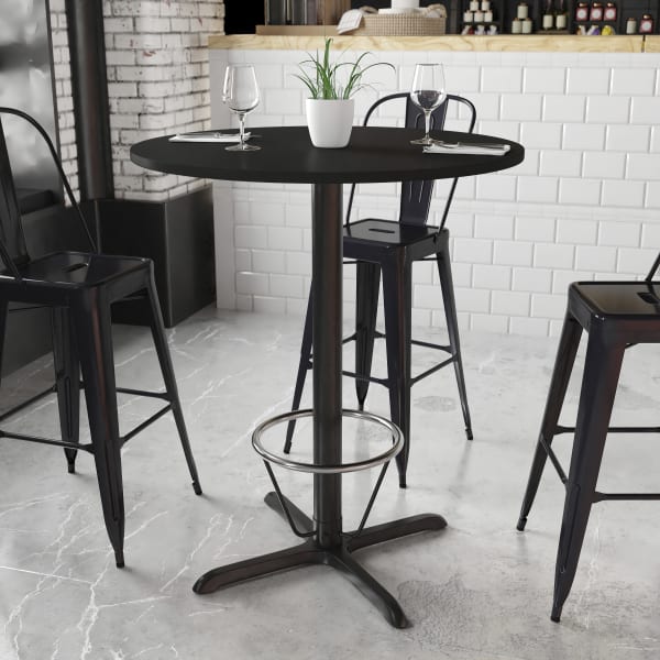 Flash Furniture Round Laminate Table Top With Bar Height Table Base And Foot Ring, 43-3/16inH x 36inW x 36inD, Black
