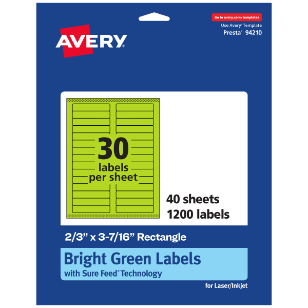 Avery Printable Labels With Sure Feed Technology, 94210-BGP40, Rectangle, 2/3in x 3-7/16in, Matte Bright Green, Pack of 1200