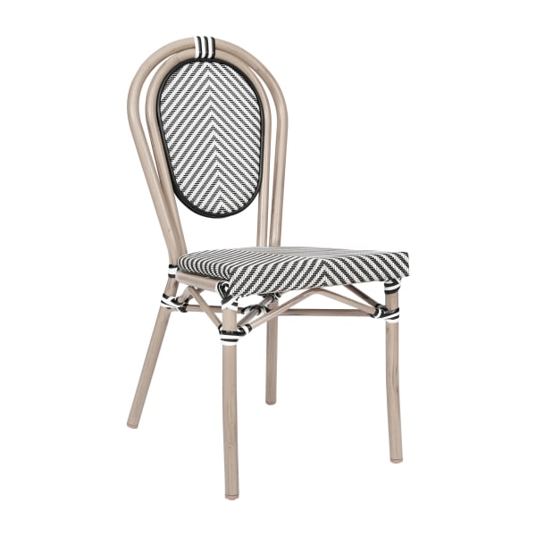 Flash Furniture Marseille Indoor/Outdoor Commercial Thonet Bistro Stacking Chair, Textilene and Bamboo Print Aluminum Frame, Black & White/Light Natural Frame