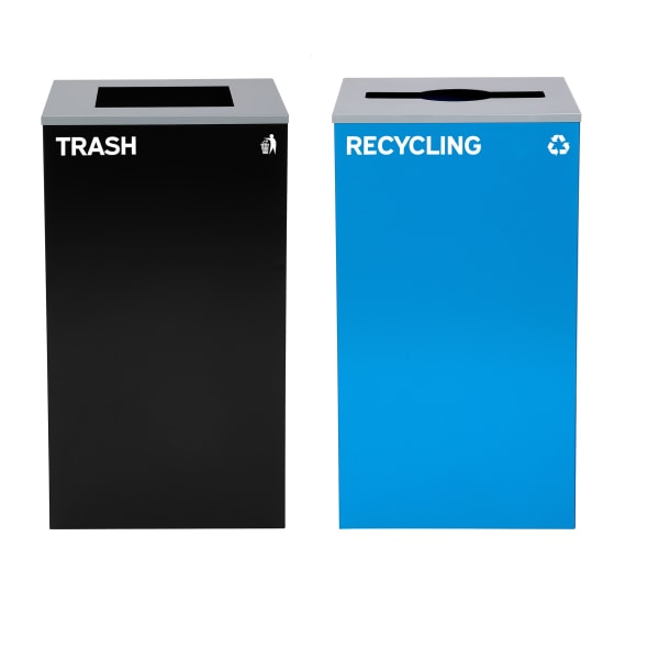 Alpine Industries Stainless-Steel Open Top Mixed Recycling And Trash Can Set With Square And Mixed Lids, 29 Gallons, 30inH x 16-15/16inW x 16-15/16inD, Black/Blue, Set Of 2 Trash Cans