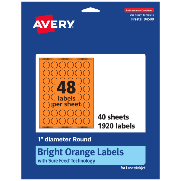 Avery Print-To-The-Edge Labels With Sure Feed Technology And Easy Peel Label Feature, 94500-BOP40, Round, 1in, Matte Bright Orange, Pack of 1920