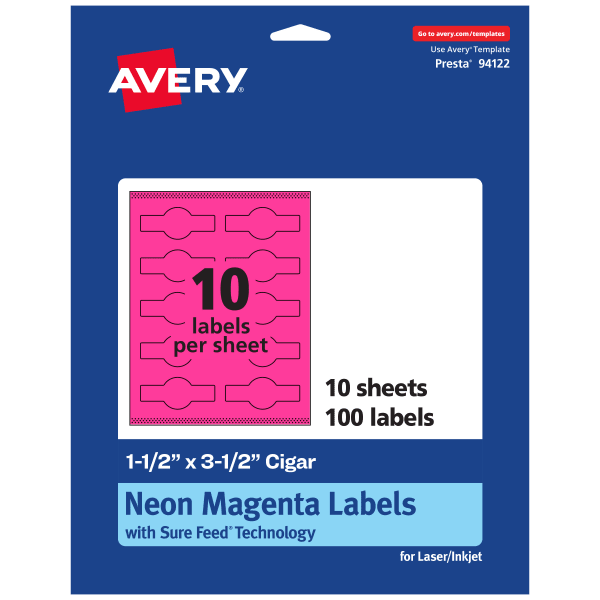 Avery Print-To-The-Edge Labels With Sure Feed Technology, 94122-NMP10, Cigar, 1-1/2in x 3-1/2in, Matte Neon Magenta, Pack of 100