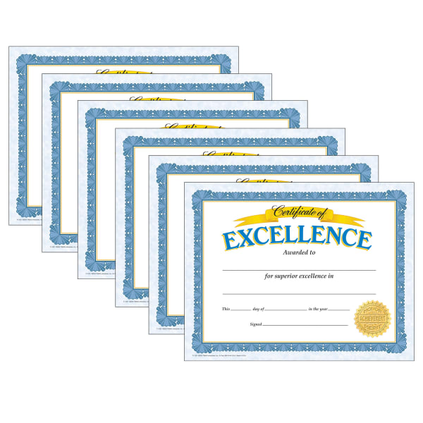 Trend Classic Certificates, 8-1/2in x 11in, Excellence, Pack Of 30 Certificates, Set Of 6 Packs