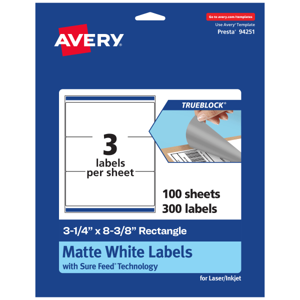 Avery TrueBlock Labels With Sure Feed, 94251-TWMP100, Rectangle, 3-1/4in x 8-3/8in, Matte White, Pack Of 300