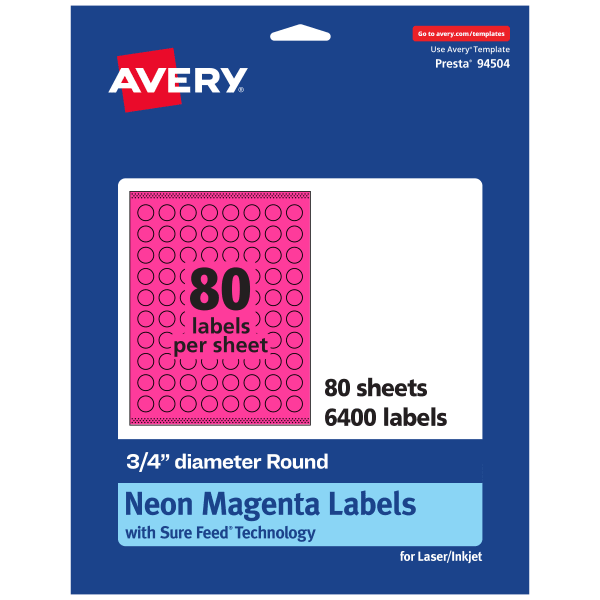 Avery Print-To-The-Edge Labels With Sure Feed Technology, 94504-NMP80, Round, 3/4in, Matte Neon Magenta, Pack of 6400
