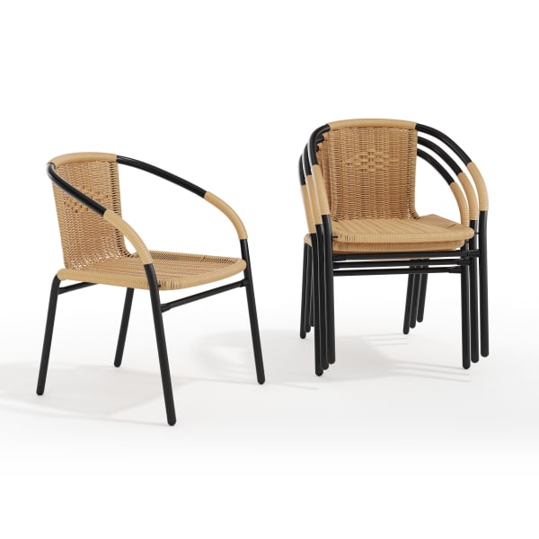 Flash Furniture Rattan Indoor/Outdoor Restaurant Stack Chairs, Beige/Black, Set Of 4 Chairs