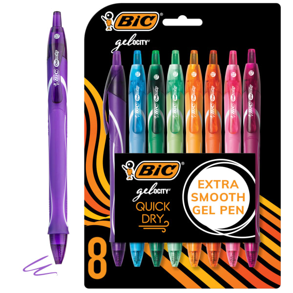 BIC Gel-ocity Quick Dry Retractable Gel Pens, Medium Point, 0.7 mm, Assorted Colors, Pack Of 8