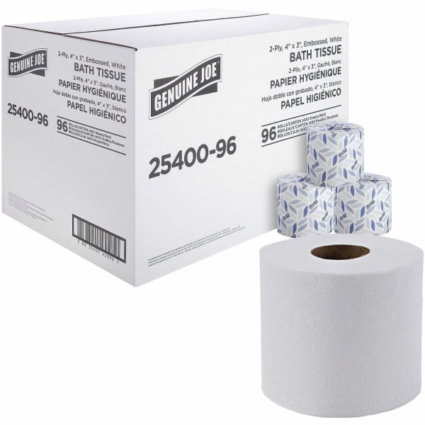 Genuine Joe 2-ply Standard Bath Tissue Rolls - 2 Ply - 3in Width x 4in Length - 400 Sheets/Roll - 1.63in Core - White - 96 / Carton