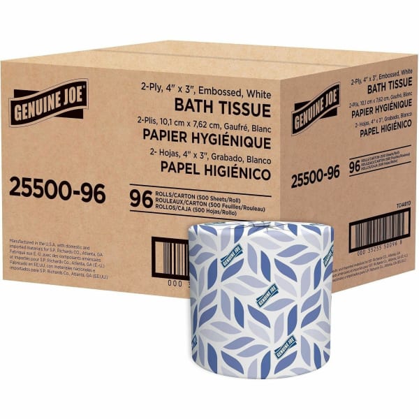 Genuine Joe 2-ply Standard Bath Tissue Rolls - 2 Ply - 4in Width x 3.50in Length - 500 Sheets/Roll - 1.63in Core - White - 96 / Carton