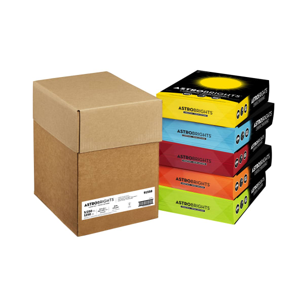 Astrobrights Mixed Carton Colored Cardstock, Assorted Colors, Letter (8-1/2in x 11in), 65 Lb, 250 Sheets Per Ream, Case Of 5 Reams